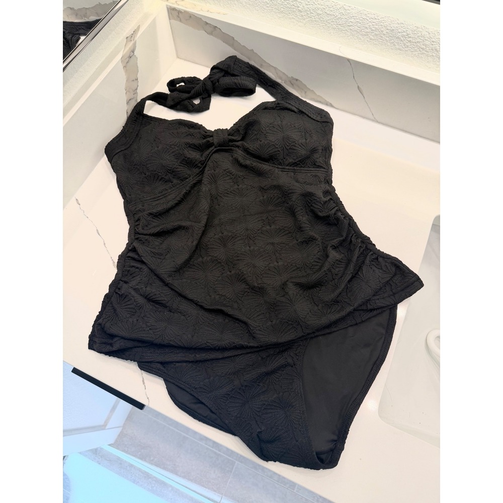 Blooming Jelly Black Textured Floral Halter Tankini Set High Waisted Medium NWT - Picture 3 of 10